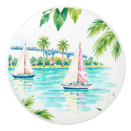 Coastal Lowcountry Palm Tree Sailboat Cabinet Knob Knopp
