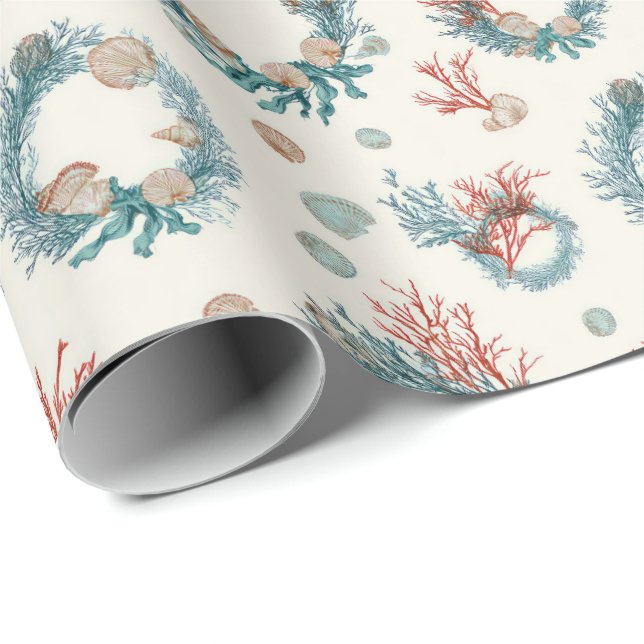 Coastal Marine Vintage Christmas Wreath Pattern Presentpapper (Rullad Hörn)