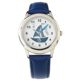 Coastal Nautical Blue Sailboat & Custom Name Armbandsur