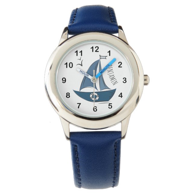 Coastal Nautical Blue Sailboat & Custom Name Armbandsur (Framsida)