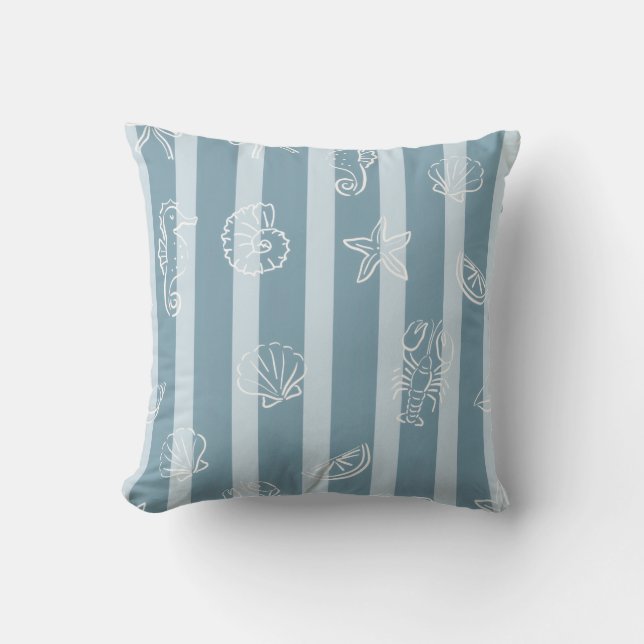 Coastal Nautical Pattern | Blue Sea Shell & Seahor Kudde (Framsida)