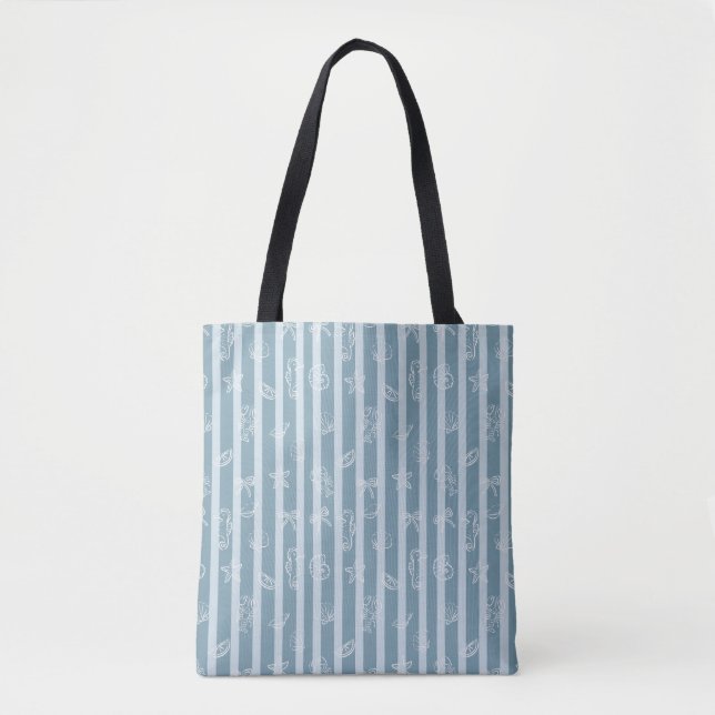 Coastal Nautical Pattern | Blue Sea Shell & Seahor Tygkasse (Framsida)