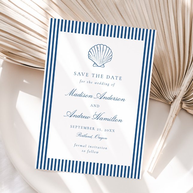Coastal Navy Stripe Shell Wedding Save the Date (Skapare uppladdad)