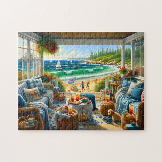Coastal New England Summer Porch Seascape Pussel (Horisontell)