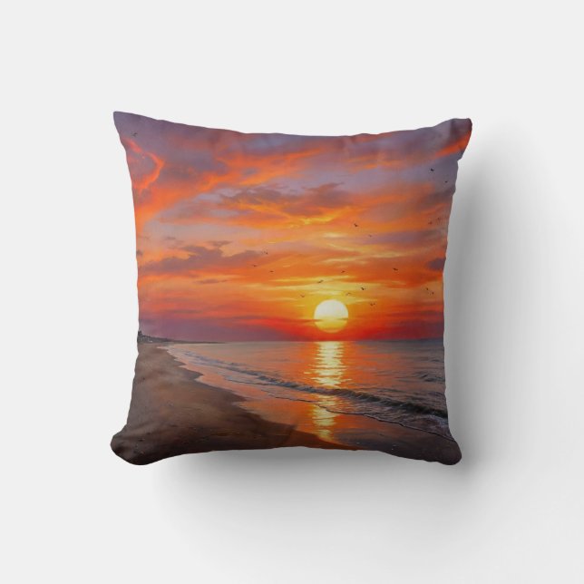 Coastal Ocean Purple Orange Sunset Throw Pillow Kudde (Framsida)