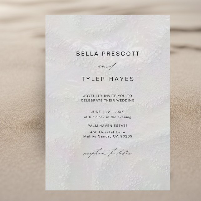 Coastal Pearly Sands Beach Ocean Elegant Wedding Inbjudningar (coastal wedding invitation modern minimalist elegant beach ocean iridescent sand ivory white shimmer)