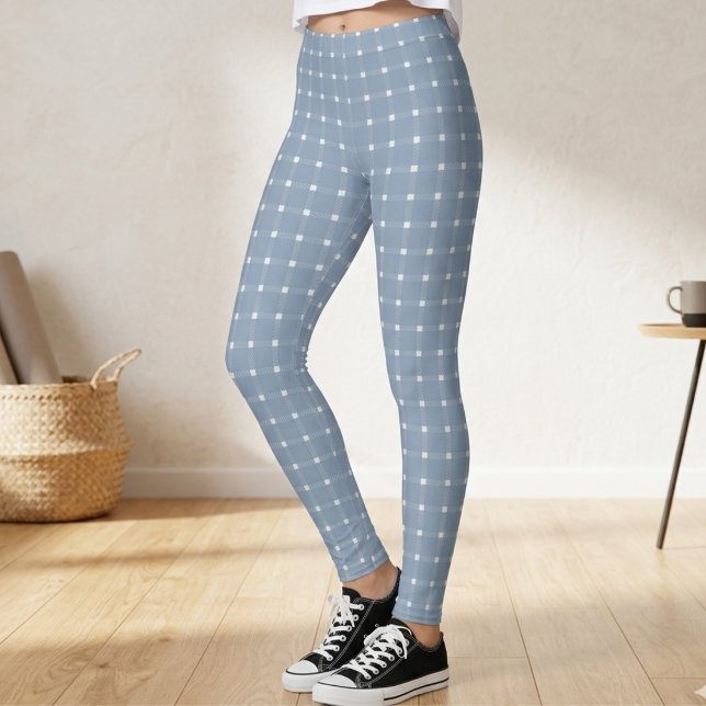 Coastal Preppy Damblå Gingham Mönster Leggings (Skapare uppladdad)