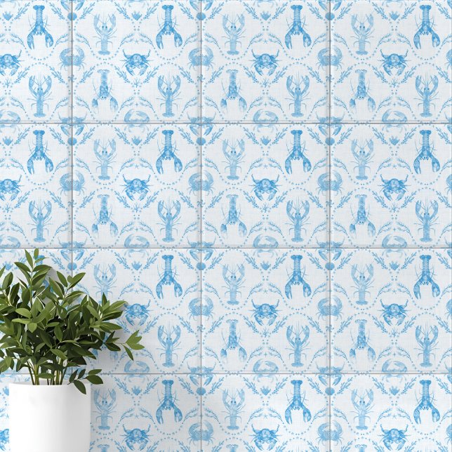 Coastal Preppy Lobster and Crabs in Light Blue Kakelplatta (Coastal Preppy Lobster and Crabs in Light Blue Ceramic Tile)