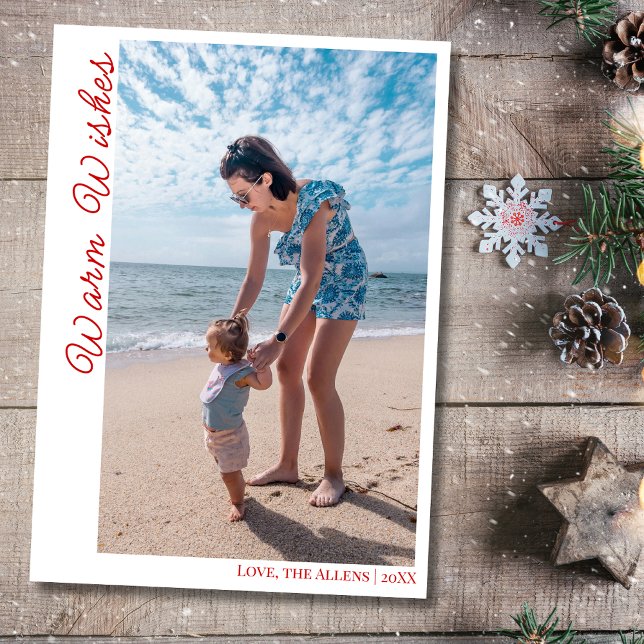 Coastal Red Warm Wishes Two Beach Family Photo  Julkort (Skapare uppladdad)