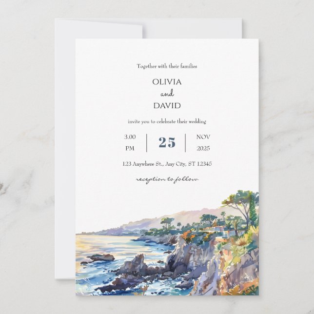 Coastal Rocky Cove Golden Sunset Beach Wedding Inbjudningar (Framsida)