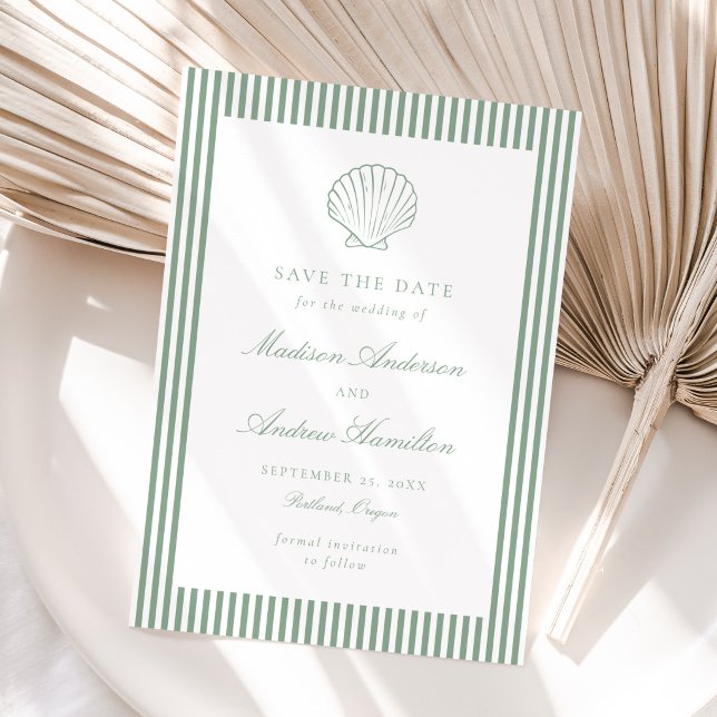 Coastal Sage Stripe Shell Wedding Save the Date (Skapare uppladdad)
