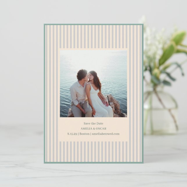 Coastal Sage Stripes Photo Stylish Trendy Wedding Spara Datumet (Stående Fram)