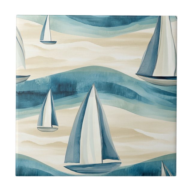 Coastal Sailboat Waves Nautical Pattern (1) Kakelplatta (Framsidan)