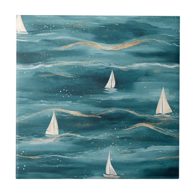 Coastal Sailboat Waves Nautical Pattern (3) Kakelplatta (Framsidan)