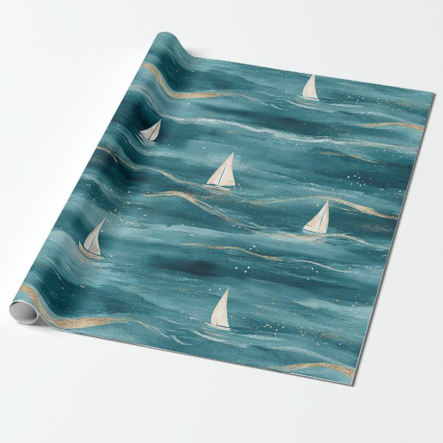 Coastal Sailboat Waves Nautical Pattern (3) Presentpapper (Utrullad)