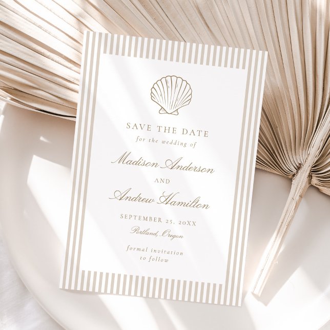 Coastal Sand Stripe Shell Wedding Save the Date (Skapare uppladdad)