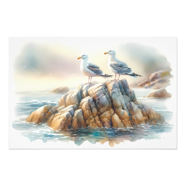 Coastal Seagulls Watercolor Seascape Fototryck (Framsidan)