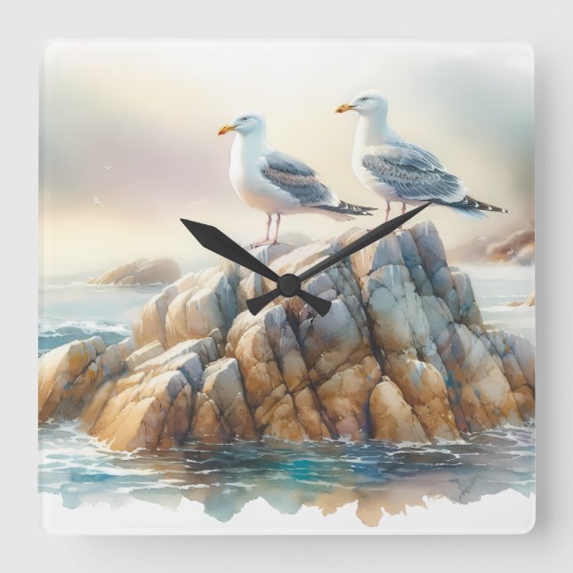 Coastal Seagulls Watercolor Seascape Fyrkantig Klocka (Framsida)