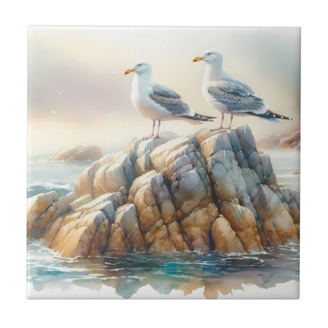 Coastal Seagulls Watercolor Seascape Kakelplatta (Framsidan)