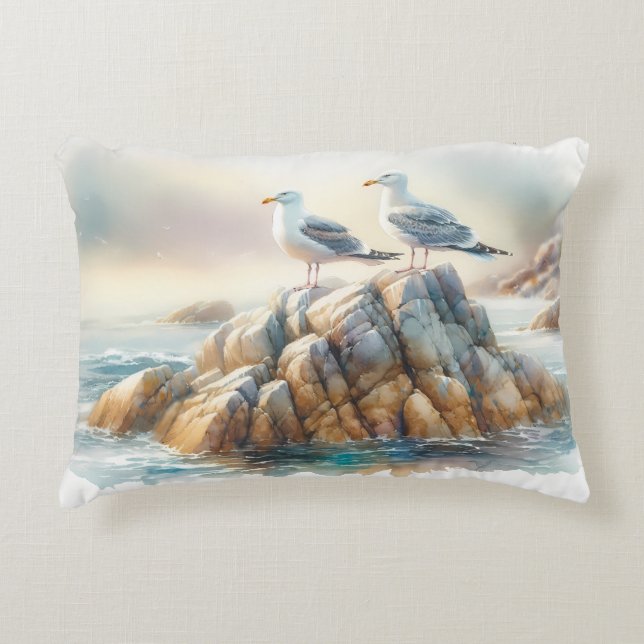 Coastal Seagulls Watercolor Seascape Prydnadskudde (Framsidan)