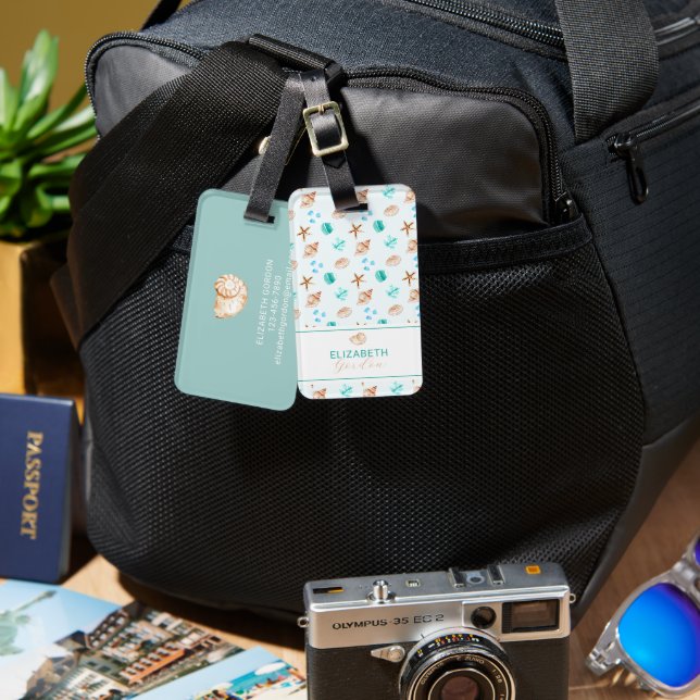 Coastal Seashell Beach Custom Elegant Travel Bagagebricka (Fram & Baksida)