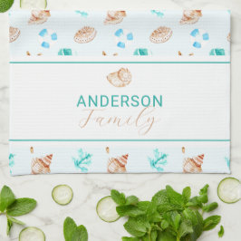 Coastal Seashell Beach House Decor Family Name Kökshandduk
