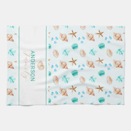 Coastal Seashell Beach House Decor Family Name Kökshandduk