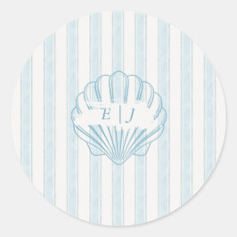 Coastal Seashell Bride Groom Initial Blue Runt Klistermärke
