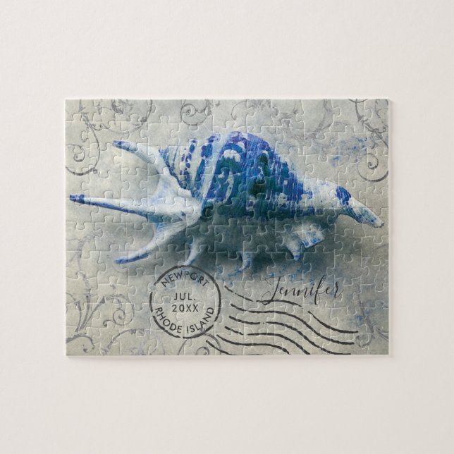 Coastal Seashell Monogram Namn Indigo Blue Pussel (Horisontell)