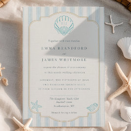 Coastal Seashell Monogram Nautical Striped Wedding Inbjudningar