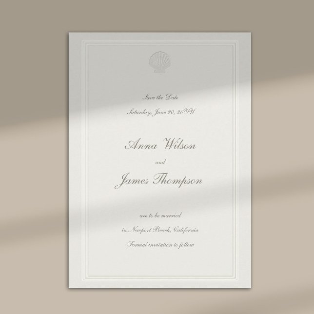 Coastal Seashell Nautical Formal Ecru Wedding Spara Datumet (modern classic wedding save the date coastal nautical shell ecru script formal traditional elegant)