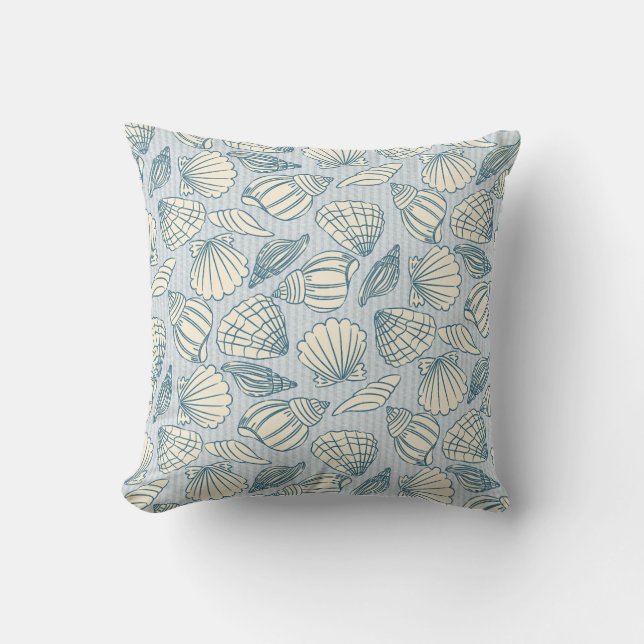 Coastal Seashell Pattern Throw Pillow (Blue & Sand Kudde (Framsida)