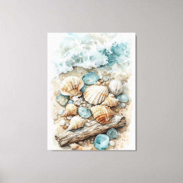 Coastal Seashell Watercolor Driftwood Scene Canvastryck (Framsida)