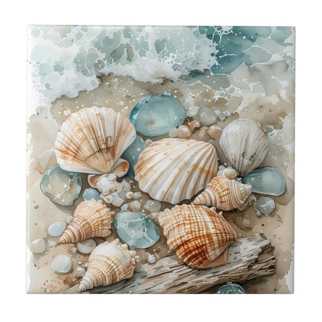Coastal Seashell Watercolor Driftwood Scene Kakelplatta (Framsidan)