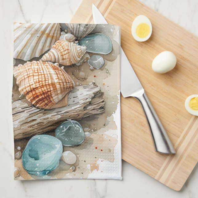 Coastal Seashell Watercolor Driftwood Scene Kökshandduk (Vikt i Fjärdedel)