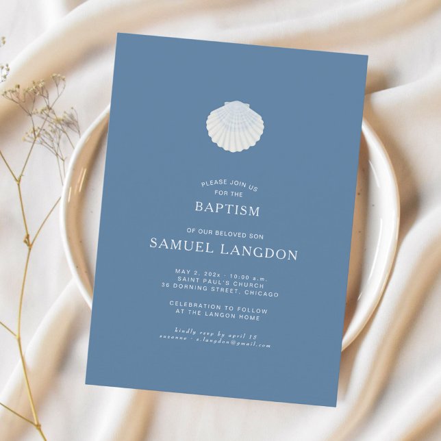 Coastal shell blue Christian baptism Invitation Inbjudningar (Skapare uppladdad)