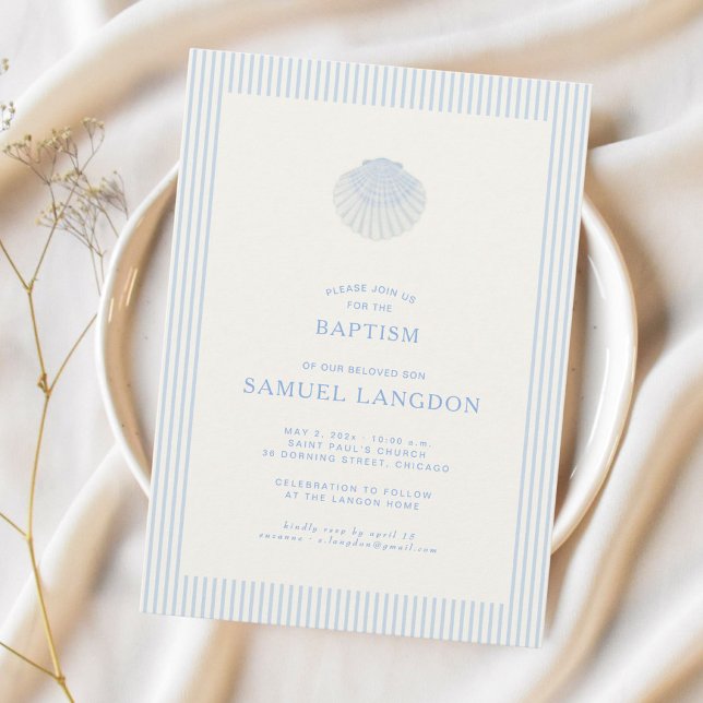 Coastal shell blue striped baptism Invitation Inbjudningar (Skapare uppladdad)