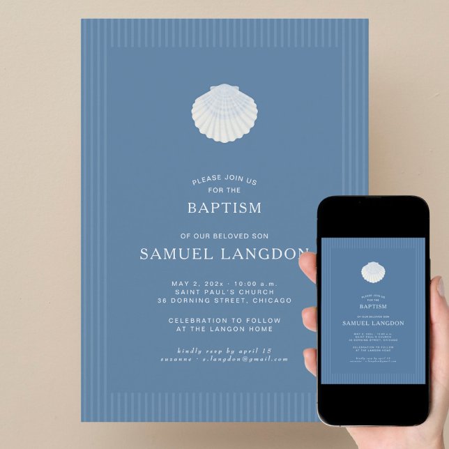 Coastal shell blue striped baptism Invitation Inbjudningar (Skapare uppladdad)