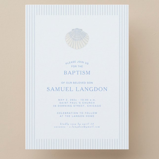Coastal shell blue striped baptism Invitation Inbjudningar (Skapare uppladdad)