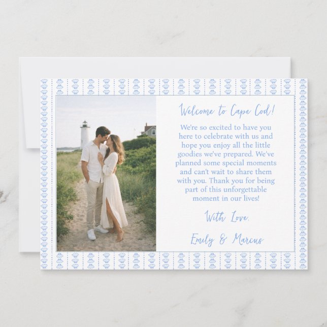 Coastal Shell  Blue Wedding Welcome Bag Card Photo Tack Kort (Framsida)
