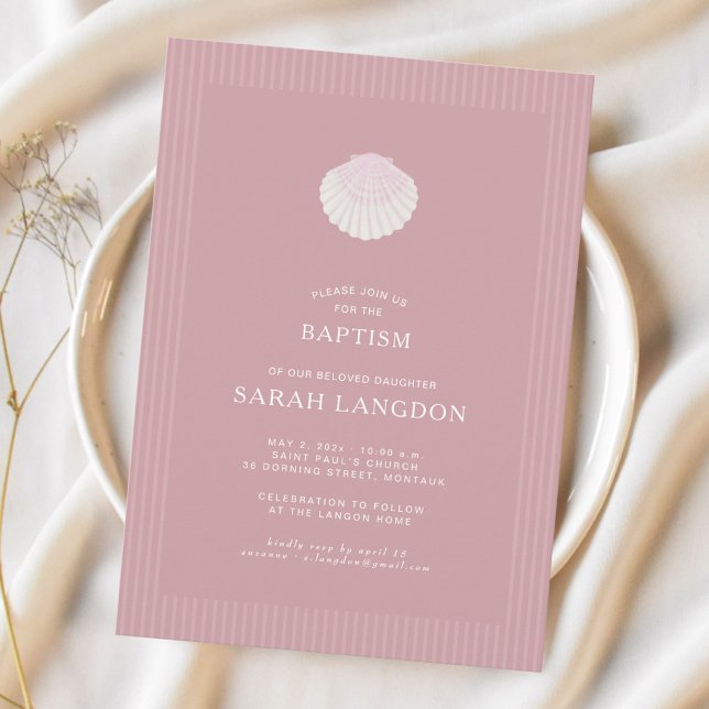 Coastal shell dusty pink striped baptism Invitatio Inbjudningar (Skapare uppladdad)