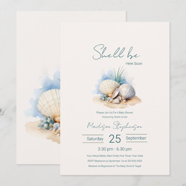 Coastal Shell Kommer Snart Baby Shower Inbjudningar (Fram/baksida)