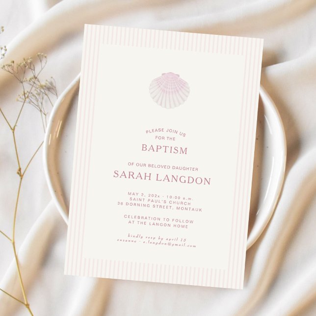 Coastal shell pink striped baptism Invitation Inbjudningar (Skapare uppladdad)