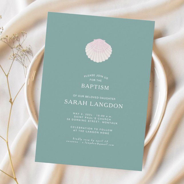 Coastal shell sage green pink baptism Invitation Inbjudningar (Skapare uppladdad)