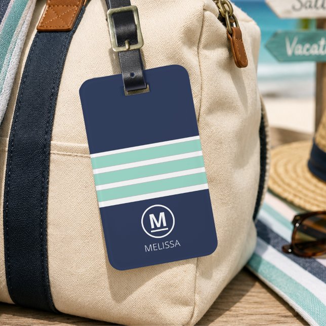 Coastal sommar navy mint ränder monogram namn  bagagebricka (Skapare uppladdad)
