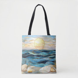 Coastal Stained Glass Ocean Sunset Tote Bag Tygkasse