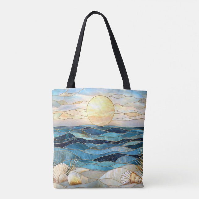 Coastal Stained Glass Ocean Sunset Tote Bag Tygkasse (Baksida)