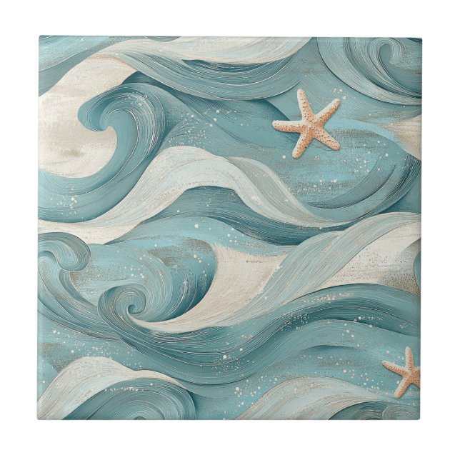 Coastal Starfish on Aqua Sand Waves Pattern (11) Kakelplatta (Framsidan)