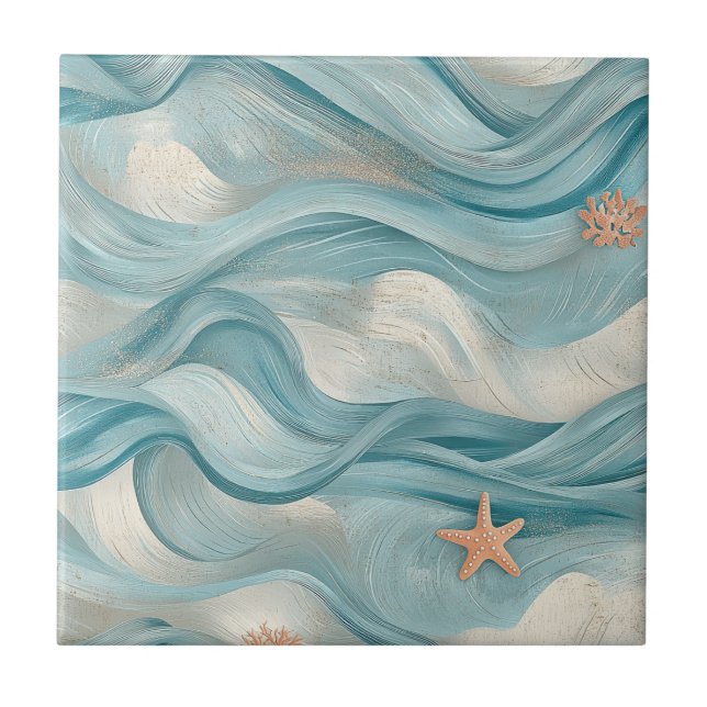 Coastal Starfish on Aqua Sand Waves Pattern (9) Kakelplatta (Framsidan)