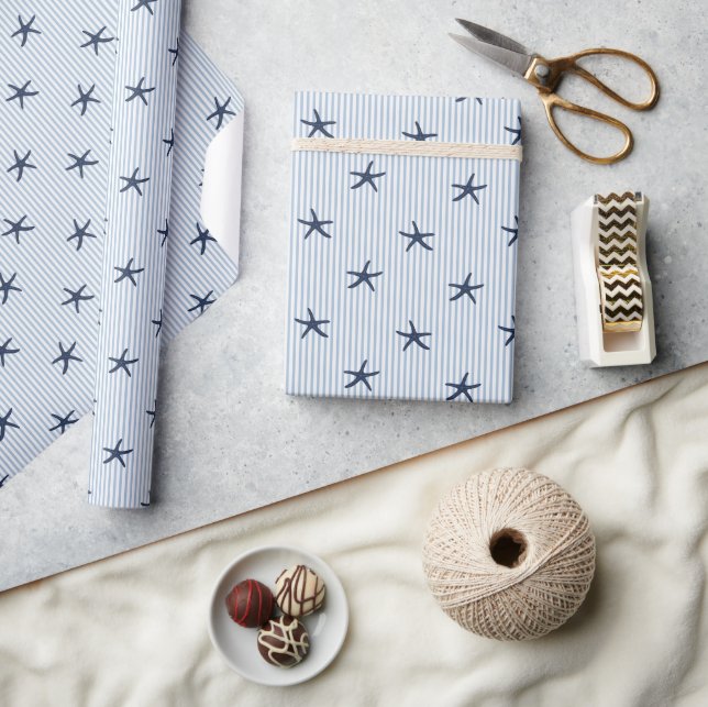 Coastal Starfish & Stripe Medelhavet Navy Presentpapper (Hantverk)